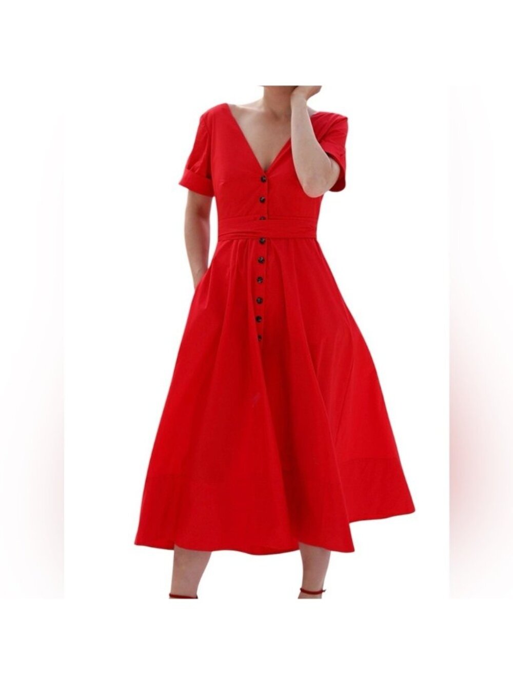 EUC Tuckernuck Women XXXL Kate Poplin Dress Midi RED Button Front Short Sleeve